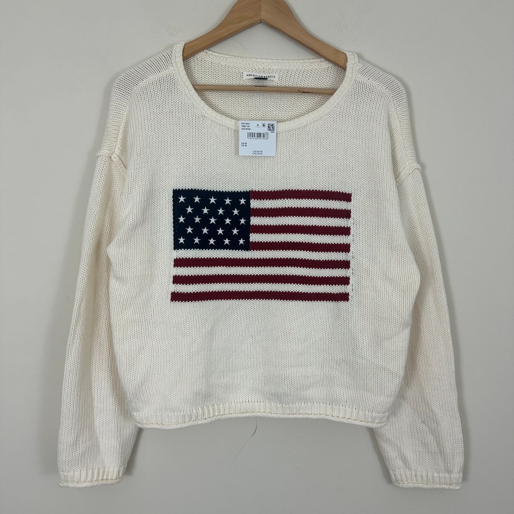 American Eagle Outfitters Sweater Cream American Flag Cotton Knit Womens Medium